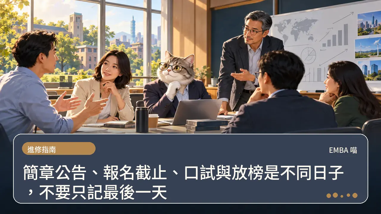 簡章公告、報名截止、口試與放榜是不同日子，不要只記最後一天主題插畫
