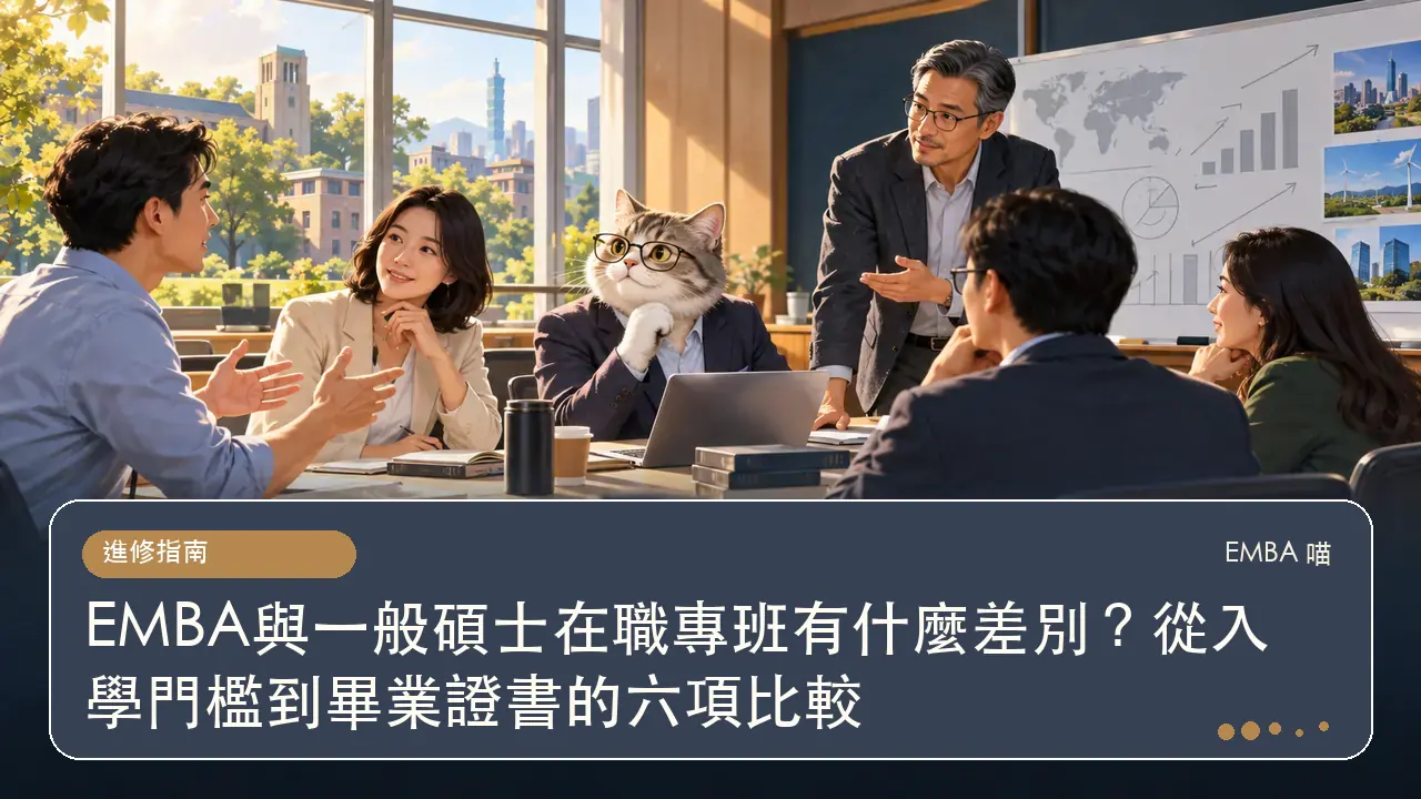 EMBA與一般碩士在職專班有什麼差別？從入學門檻到畢業證書的六項比較主題插畫
