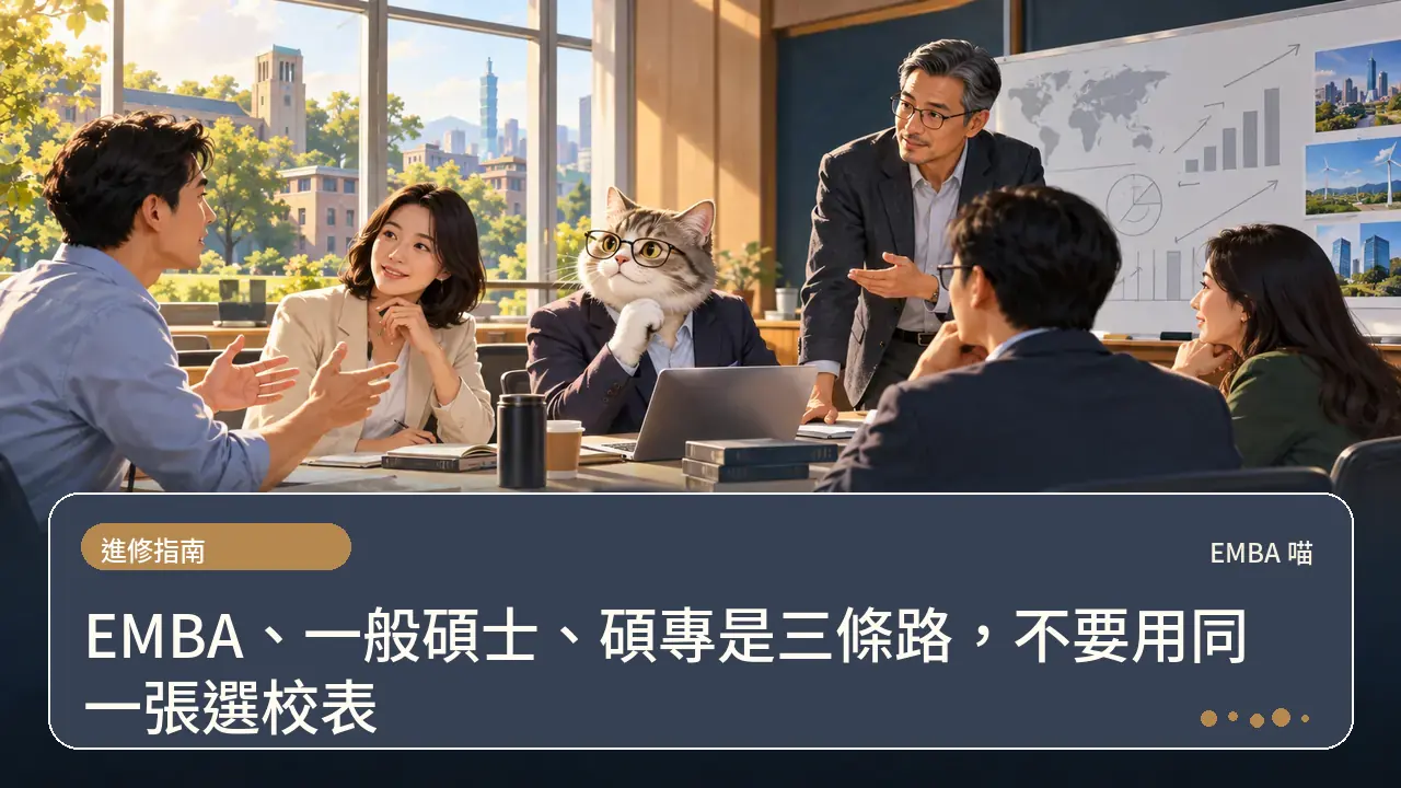 EMBA、一般碩士、碩專是三條路，不要用同一張選校表主題插畫
