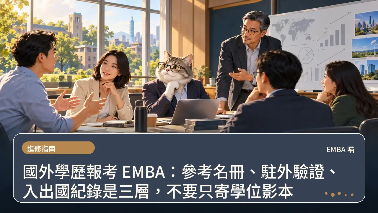 國外學歷報考 EMBA：參考名冊、駐外驗證、入出國紀錄是三層，不要只寄學位影本主題插畫