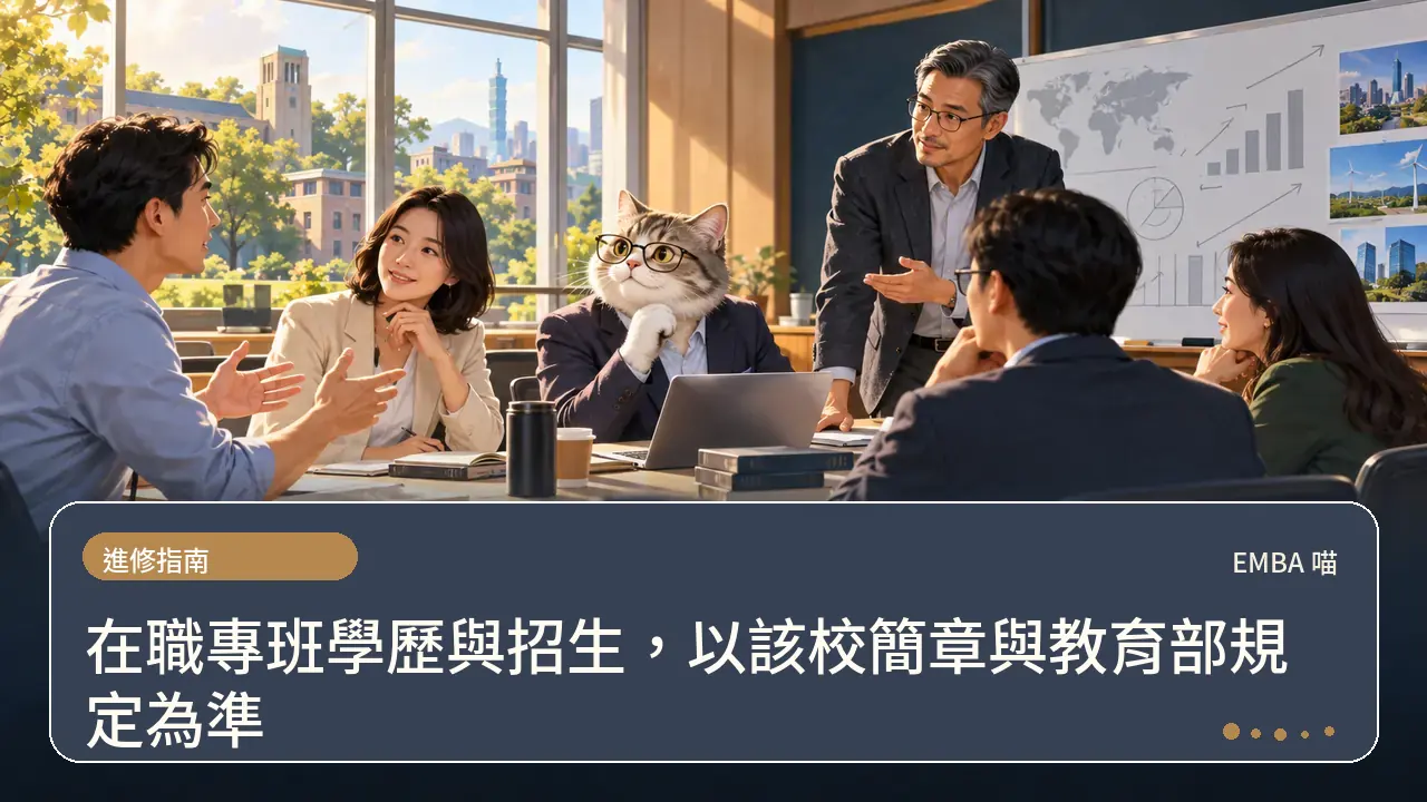 在職專班學歷與招生，以該校簡章與教育部規定為準主題插畫