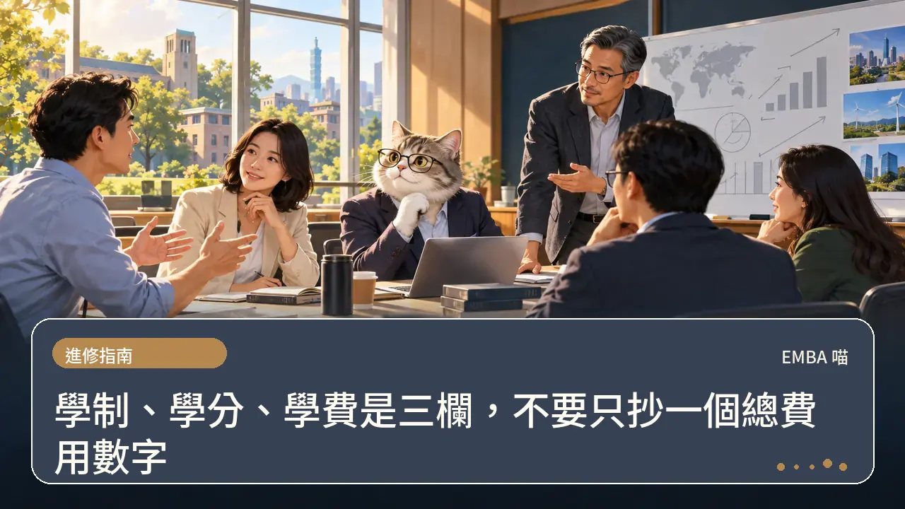 學制、學分、學費是三欄，不要只抄一個總費用數字主題插畫
