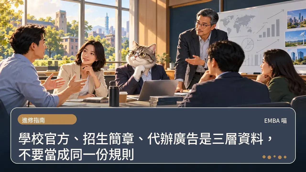 學校官方、招生簡章、代辦廣告是三層資料，不要當成同一份規則主題插畫